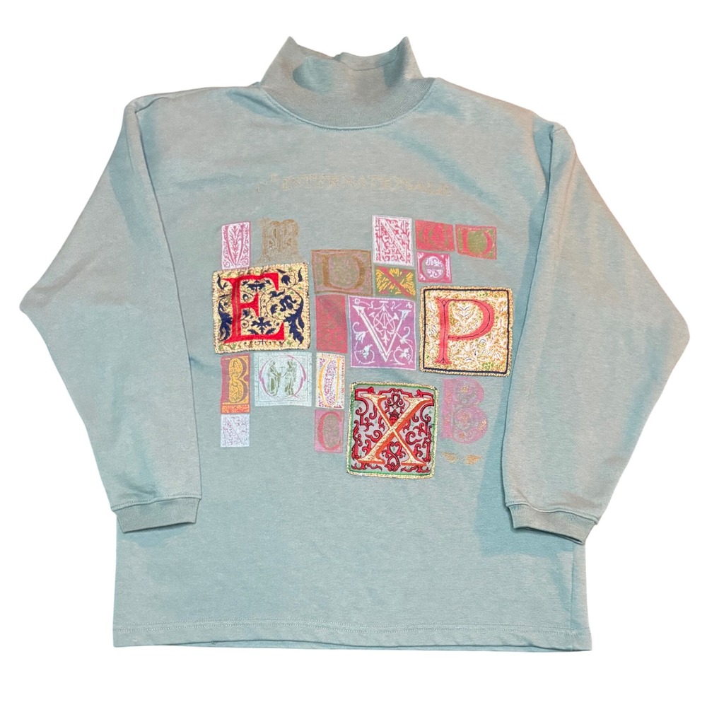Express Vintage Mock Neck Sweatshirt Womens Small Teal Blue Embroidered Graphic
